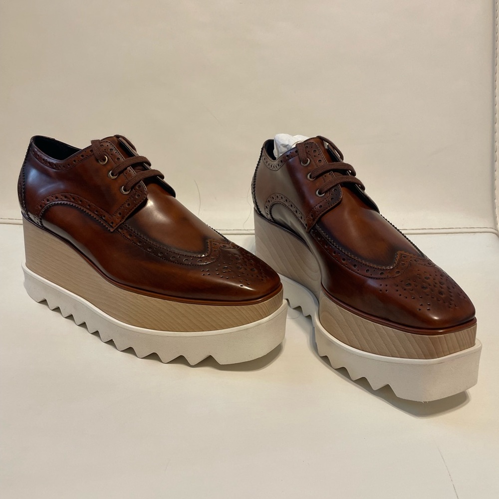 Stella McCartney brown leather lace up wedge loafer
